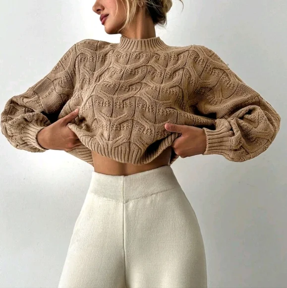 Mock Neck Drop Shoulder Cable Knit Sweater - Picture 4 of 4